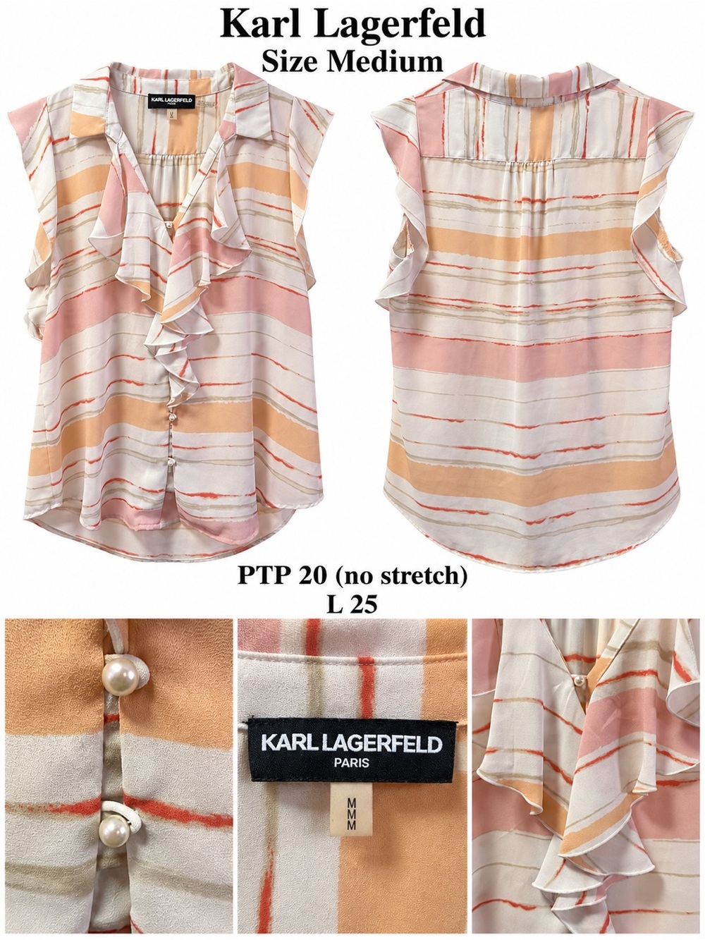Karl Lagerfeld Peach and Cream Striped Ruffle Blouse